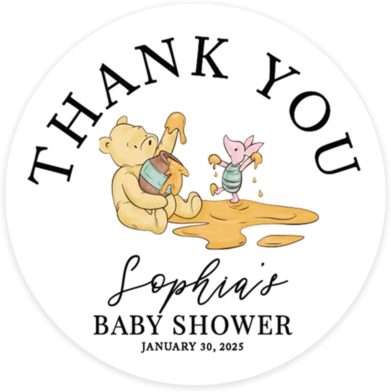 Personalized Classic Winnie The Pooh Baby Shower Decorations, 2 Inch Thank You Stickers, Baby Shower Stickers for Candy, Favors, Envelopes, Gifts, Pooh Bear Decorations